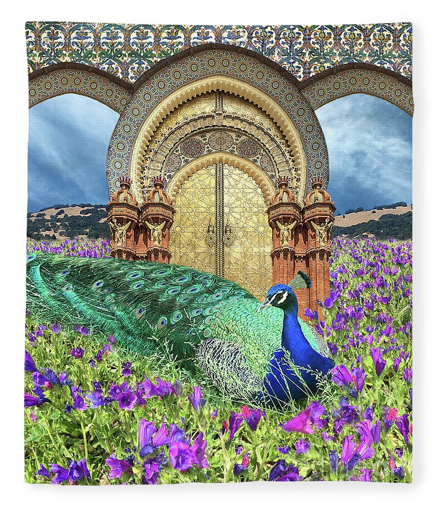 Peacock Fleece Blanket featuring the digital art Peacock Gate by Lucy Arnold