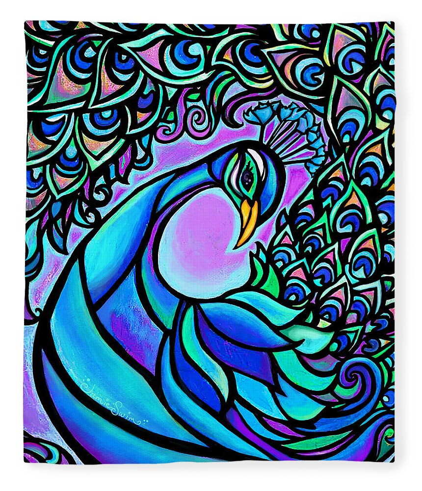Peacock Fleece Blanket featuring the mixed media Peacock by Jamie Swim