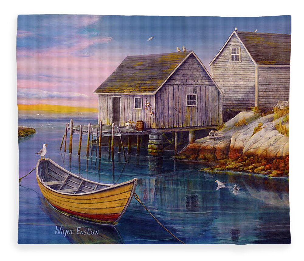Landscape Fleece Blanket featuring the painting Peggys Cove Sunset by Wayne Enslow