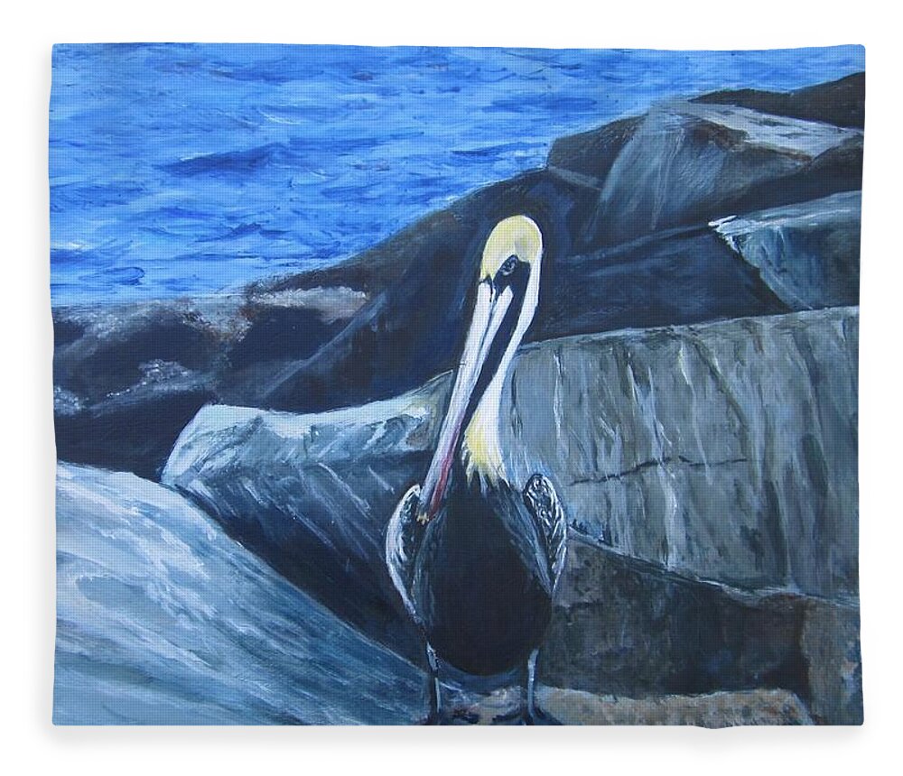 Pelican Fleece Blanket featuring the painting Pelican On The Rocks by Paula Pagliughi