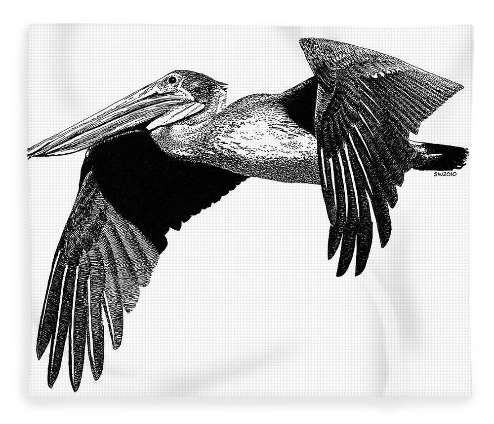 Pelican Fleece Blanket featuring the drawing Pelican by Scott Woyak