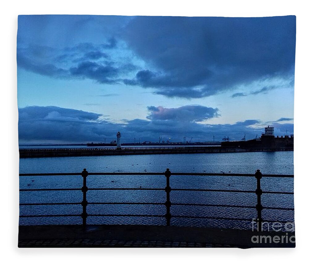 New Brighton Fleece Blanket featuring the photograph Perch Rock Lighthouse and Fort in Blue by Joan-Violet Stretch