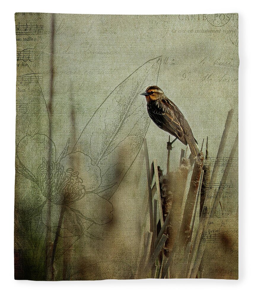 Bird Fleece Blanket featuring the photograph Perched on a Reed by Rebecca Cozart