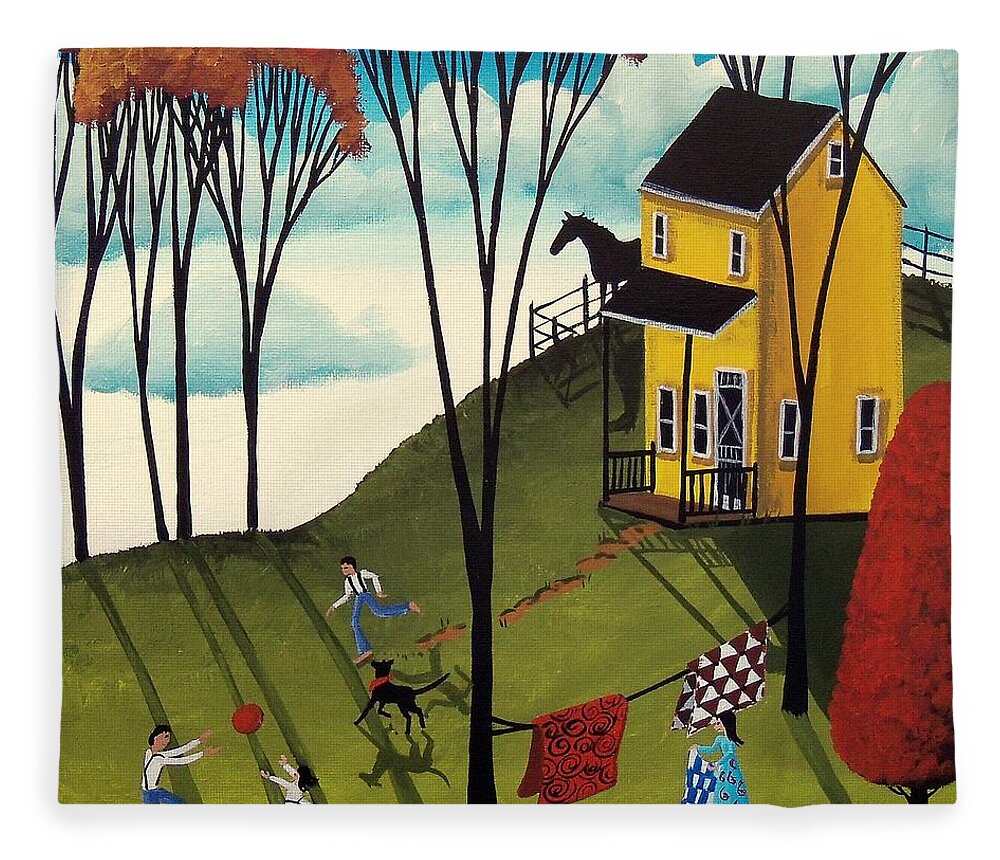 Art Fleece Blanket featuring the painting Perfect Day - folk art country landscape by Debbie Criswell
