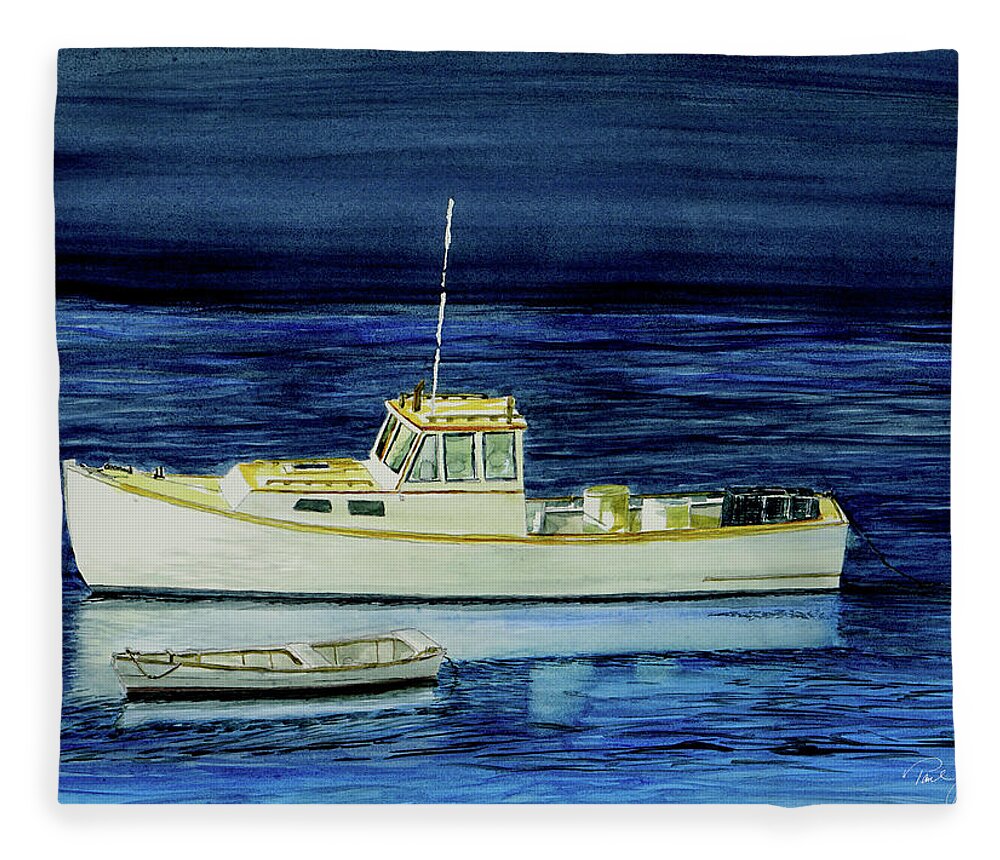 Perkins Cove Fleece Blanket featuring the painting Perkins Cove Lobster Boat and Skiff by Paul Gaj