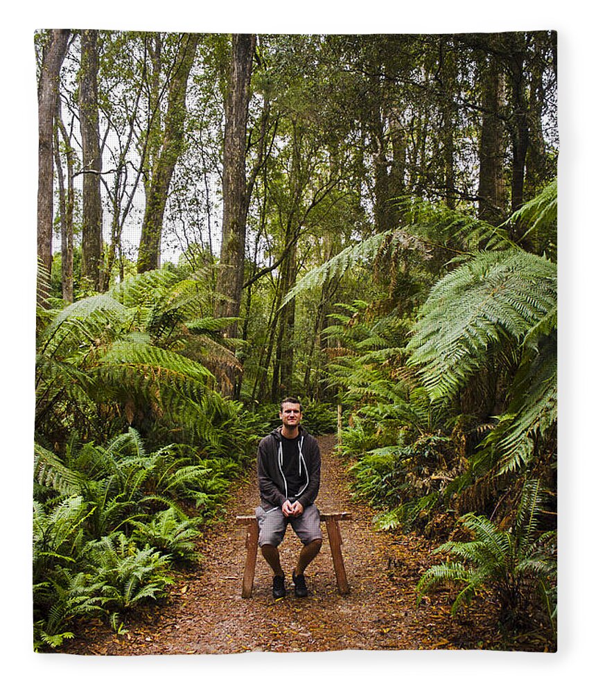 People Fleece Blanket featuring the photograph Person at peace in tropical jungle in Australia by Jorgo Photography