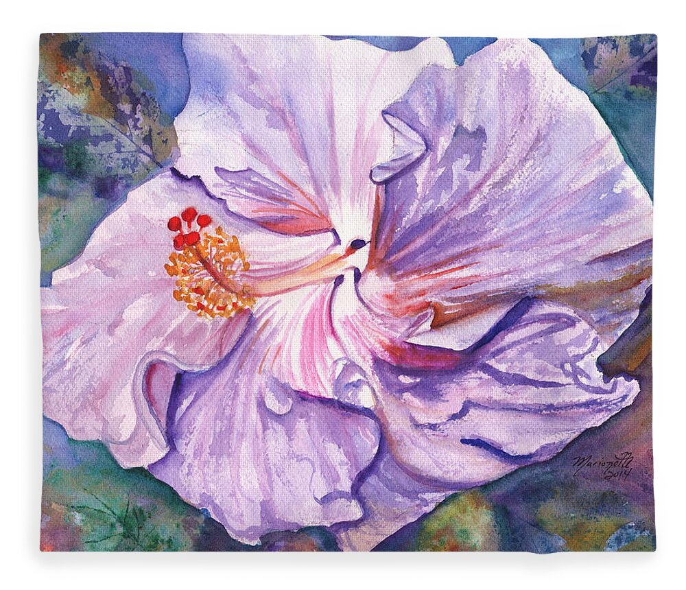 Hibiscus Fleece Blanket featuring the painting Petrina's Hibiscus by Marionette Taboniar