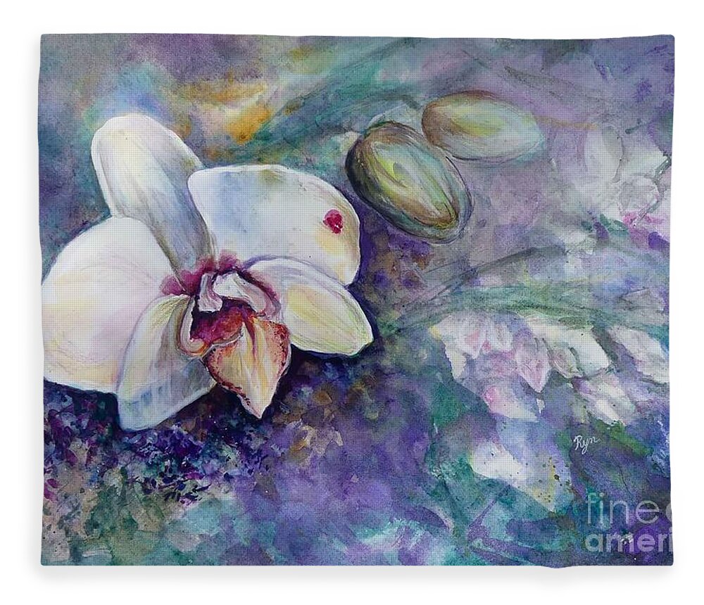 Phalaenopsis Orchid With Hyacinth Background Fleece Blanket featuring the painting Phalaenopsis Orchid with Hyacinth Background by Ryn Shell