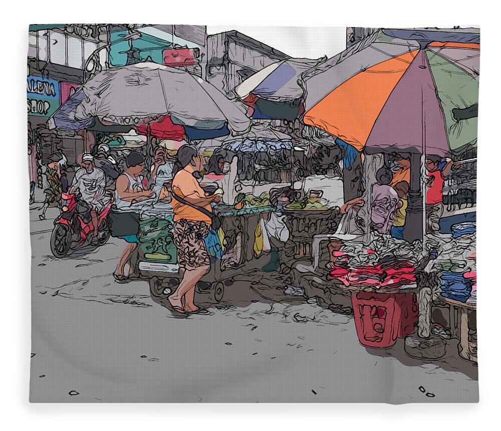 Philippines Fleece Blanket featuring the painting Philippines 708 Market by Rolf Bertram