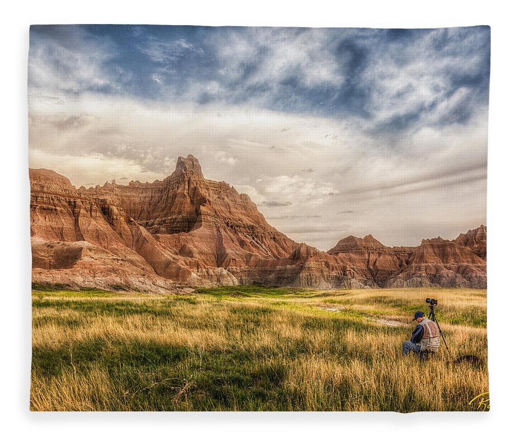Natural Forms Fleece Blanket featuring the photograph Photographer waiting for the Badlands Light by Rikk Flohr