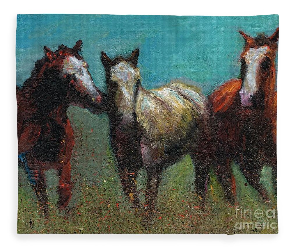 Horses Fleece Blanket featuring the painting Picking On The New Guy by Frances Marino