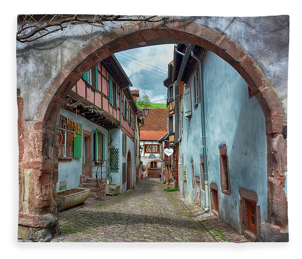 Alley Fleece Blanket featuring the photograph picturesque Alsation Riquewihr by Joachim G Pinkawa