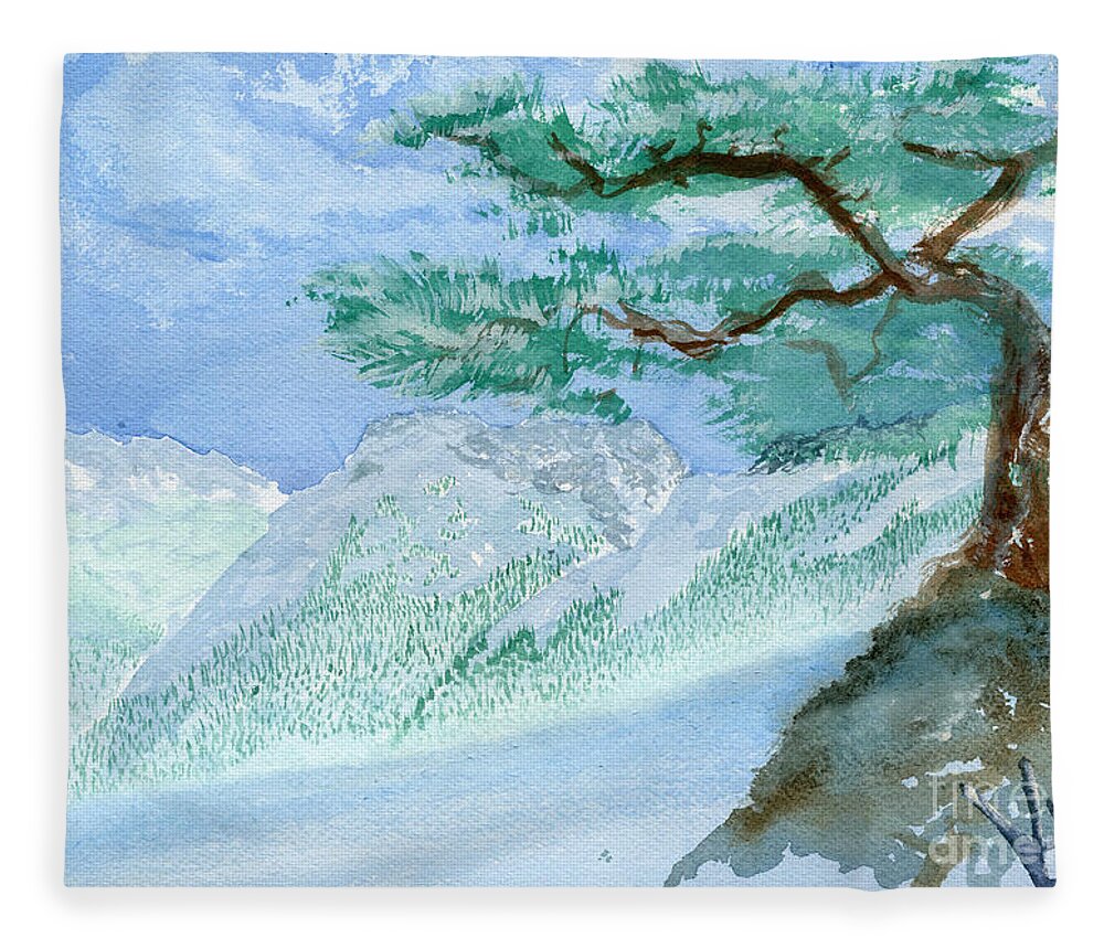 Pine Fleece Blanket featuring the painting Pine Holding Skies by Victor Vosen