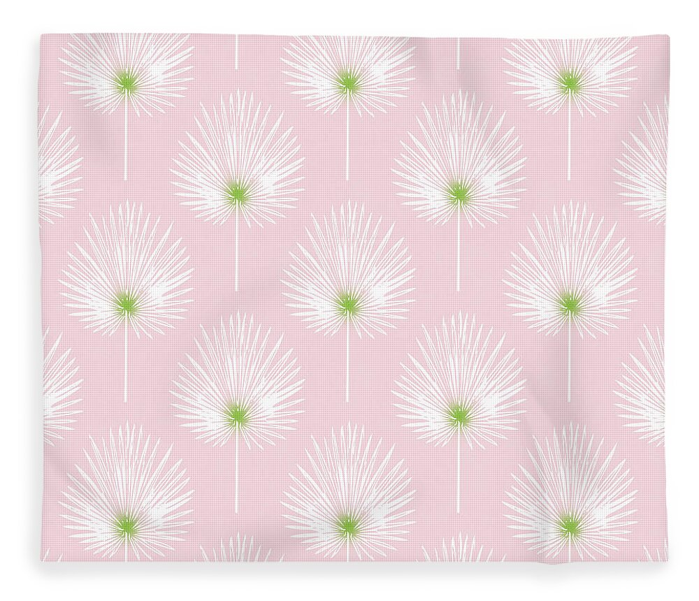 Tropical Fleece Blanket featuring the mixed media Pink and White Palm Leaves- Art by Linda Woods by Linda Woods