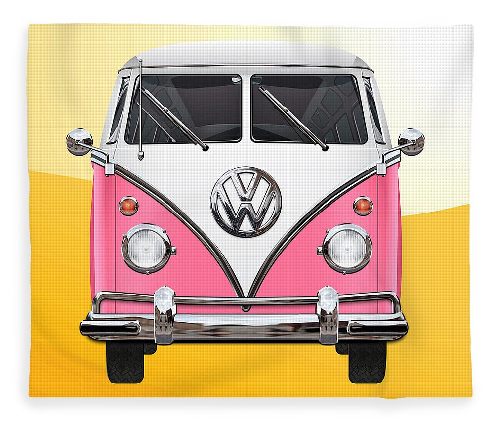 'volkswagen Type 2' Collection By Serge Averbukh Fleece Blanket featuring the photograph Pink and White Volkswagen T 1 Samba Bus on Yellow by Serge Averbukh