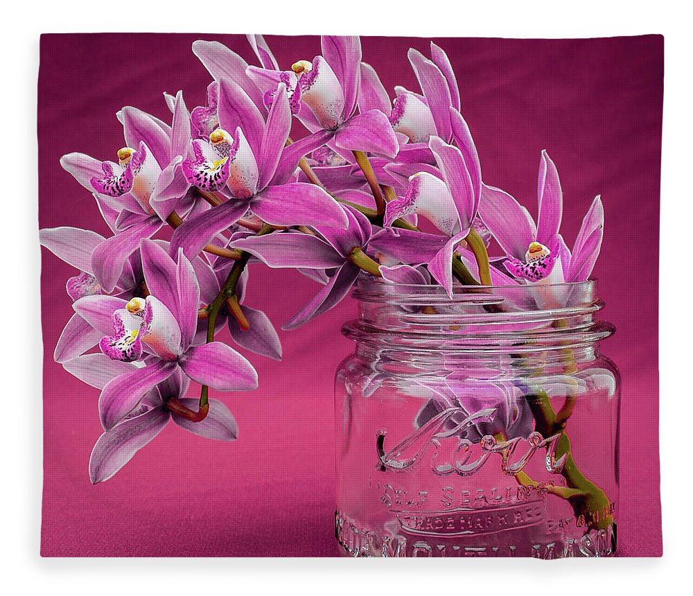Pink Orchid Fleece Blanket featuring the photograph Pink Orchid Antique Mason Jar by Kathy Anselmo