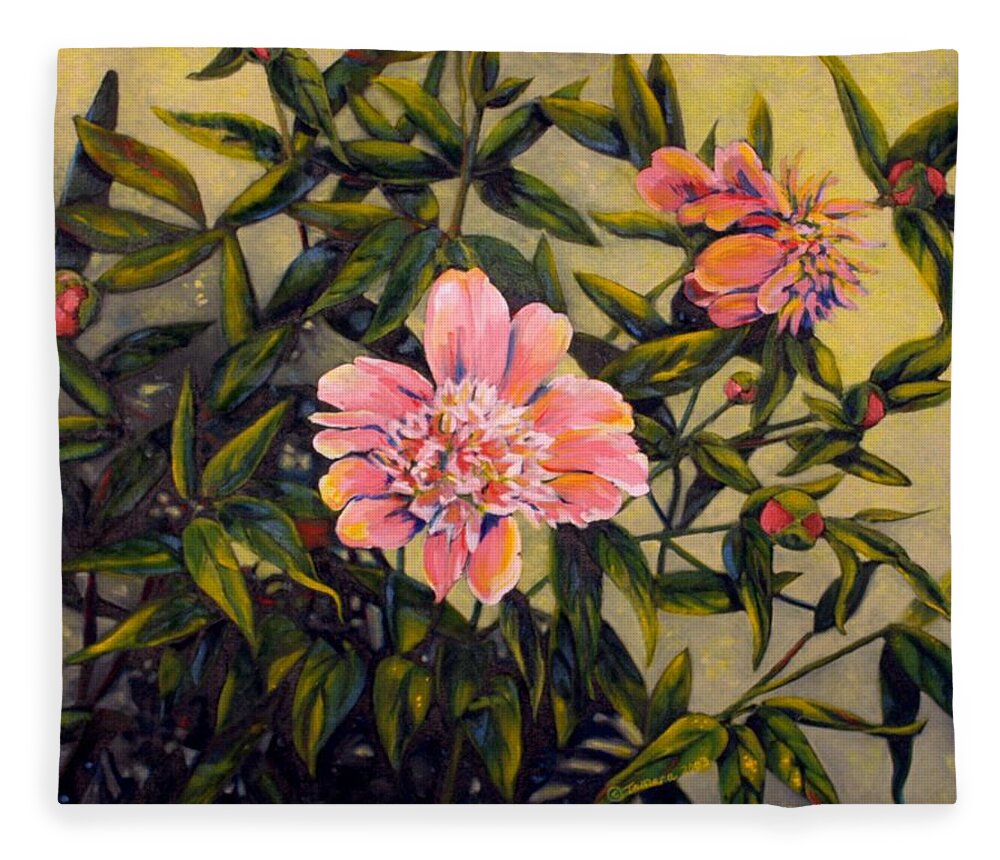 Oil Painting Fleece Blanket featuring the painting Pink Peonies by Tamara Kulish
