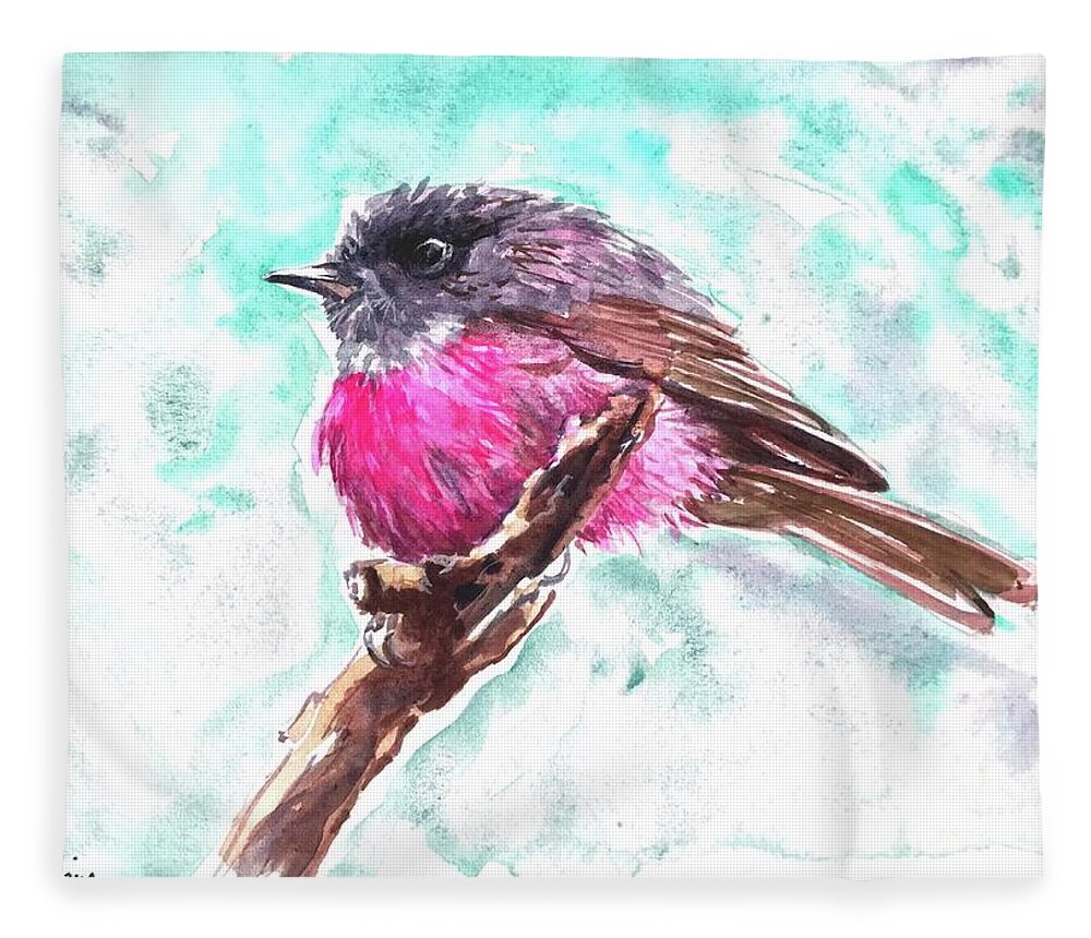 Bird Fleece Blanket featuring the painting Pink Robin by Chris Hobel