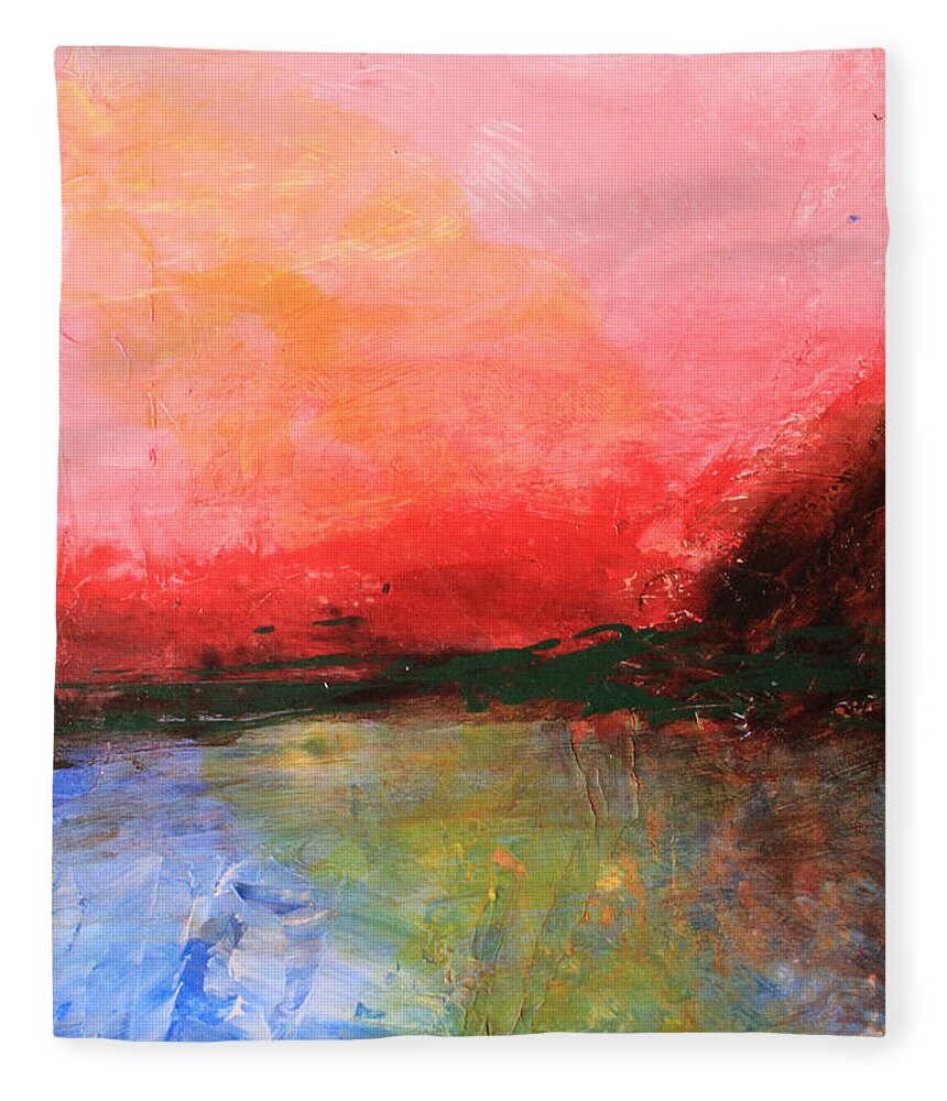 Pink Fleece Blanket featuring the painting Pink Sky over Water Abstract by April Burton