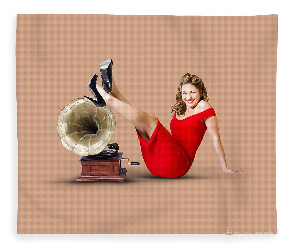 Woman Fleece Blanket featuring the photograph Pinup girl in red dress playing classical music by Jorgo Photography