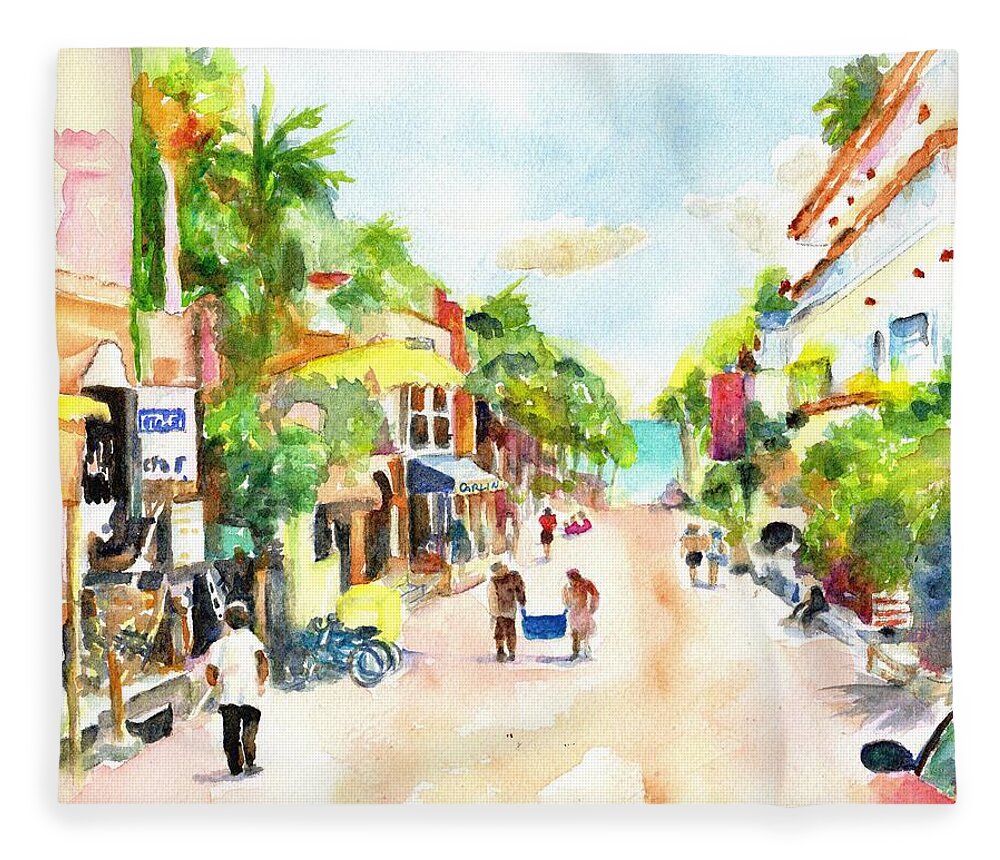 Playa Del Carmen Fleece Blanket featuring the painting Playa del Carmen Mexico Shops by Carlin Blahnik CarlinArtWatercolor