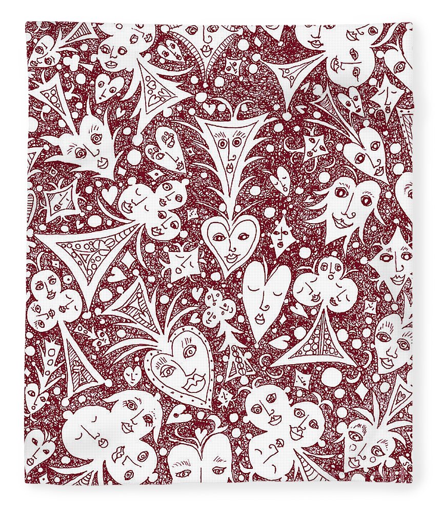 Lise Winne Fleece Blanket featuring the drawing Playing Card Symbols with Faces in Red by Lise Winne