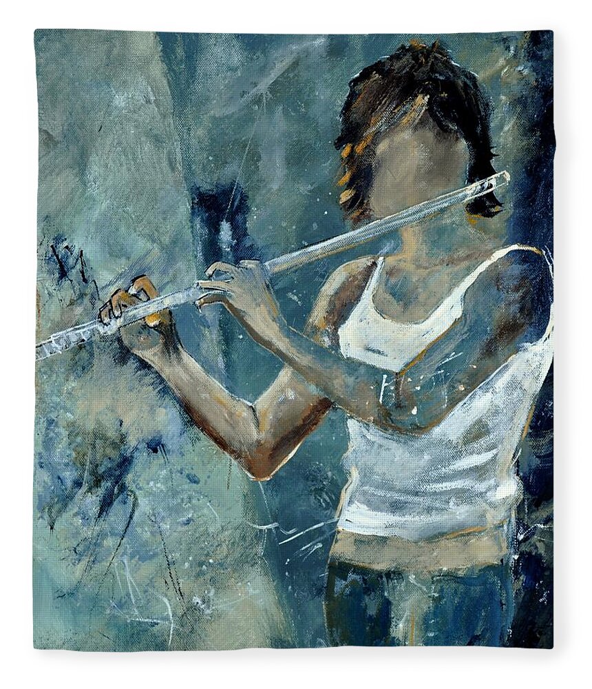 Music Fleece Blanket featuring the painting Playing the flute by Pol Ledent