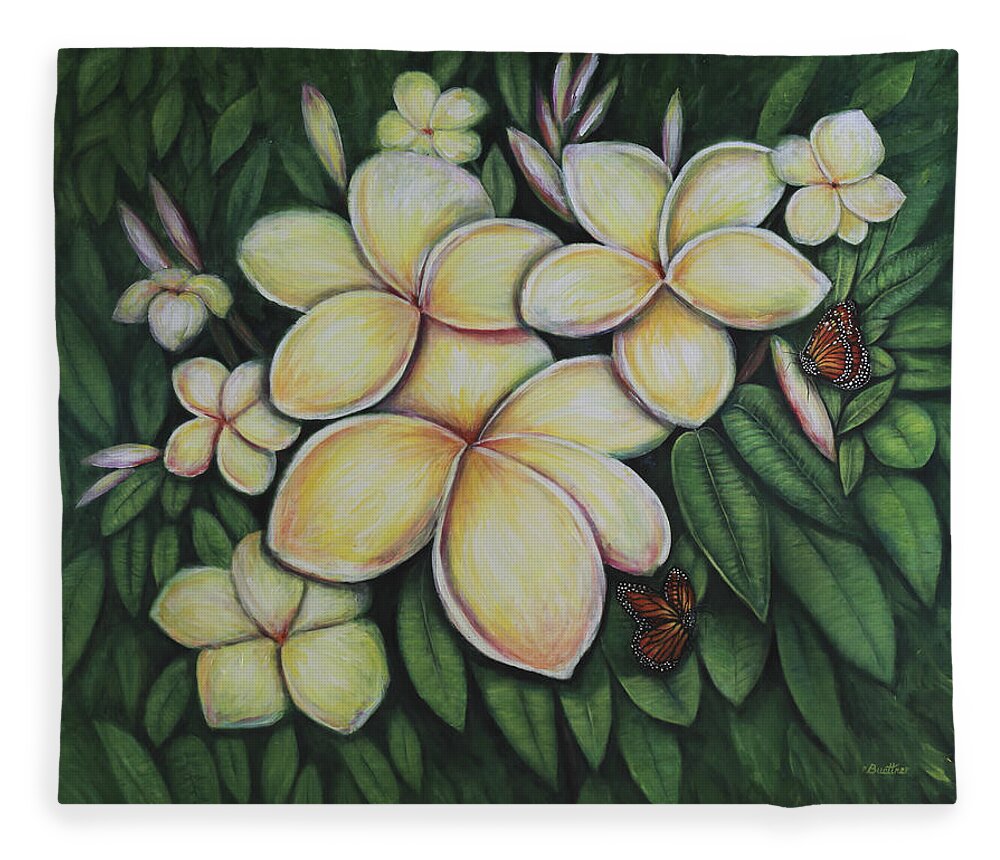 Plumeria Fleece Blanket featuring the painting Plumeria by Lynn Buettner
