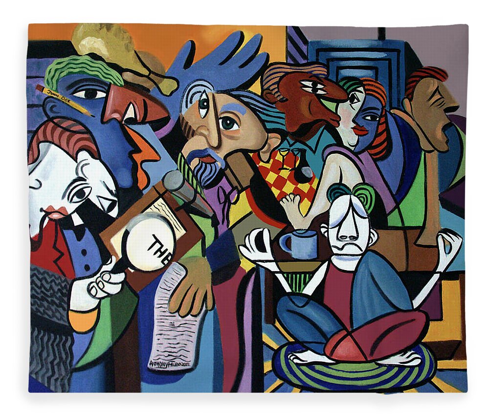 Poets Unleashed Men Talking Reading Yoga Coffee Chicken The Cubism Cubestraction Bench Impressionist Expressionism Large Giclee Canvas Print Poster Original Oil Painting On Canvas Anthony Falbo Falboart   Fleece Blanket featuring the painting Poets Unleashed by Anthony Falbo