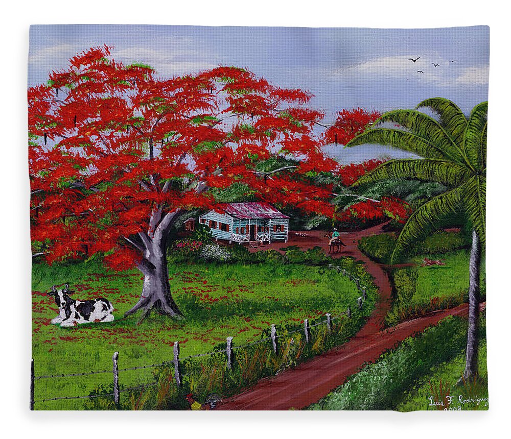 Flamboyant Tree Fleece Blanket featuring the painting Poinciana Blvd by Luis F Rodriguez