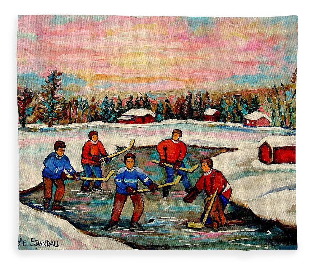 Montreal Fleece Blanket featuring the painting Pond Hockey Countryscene by Carole Spandau