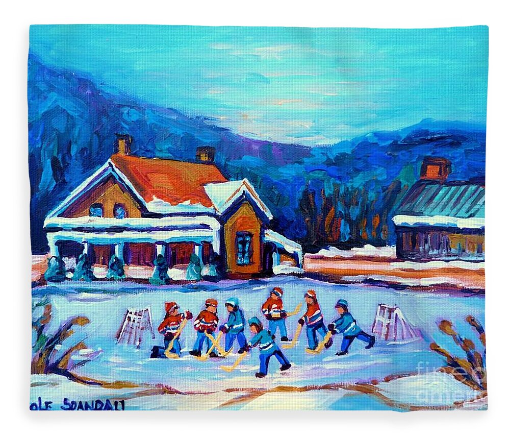 Hockey Fleece Blanket featuring the painting Pond Hockey Painting Canadian Art Original Winter Country Landscape Scene Carole Spandau  by Carole Spandau