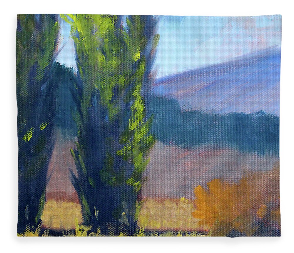 Northwest Poplar Trees Fleece Blanket featuring the painting Poplars by Nancy Merkle