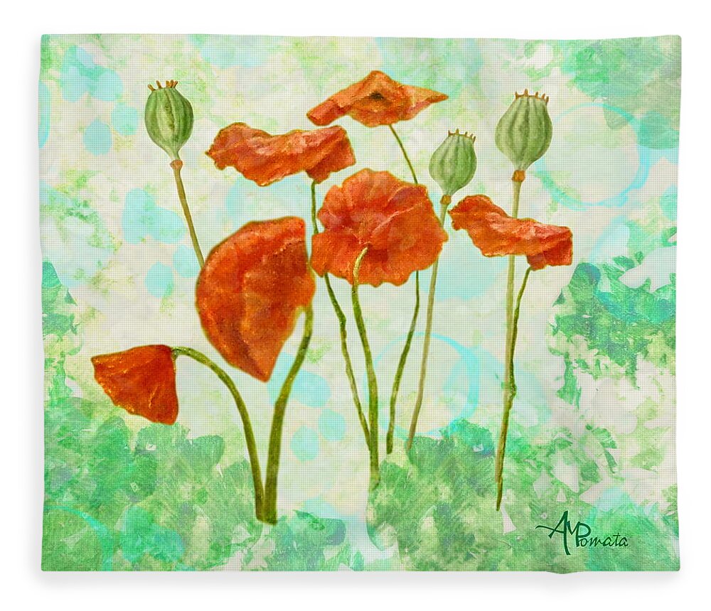 Poppies Fleece Blanket featuring the mixed media Poppies by Angeles M Pomata