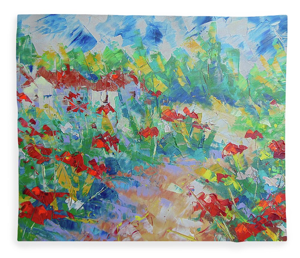 Floral Fleece Blanket featuring the painting Poppy filed France by Frederic Payet