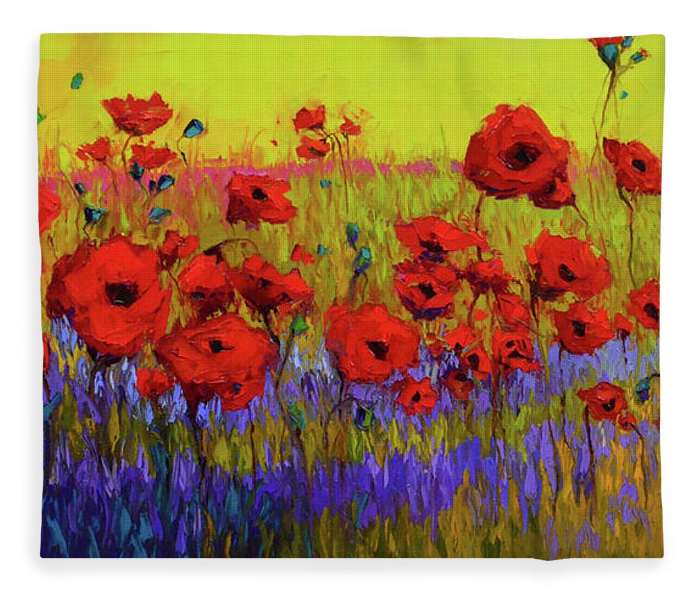 Colorful Wildflowers Fleece Blanket featuring the painting Poppy Flower Field Oil Painting with Palette knife by Patricia Awapara