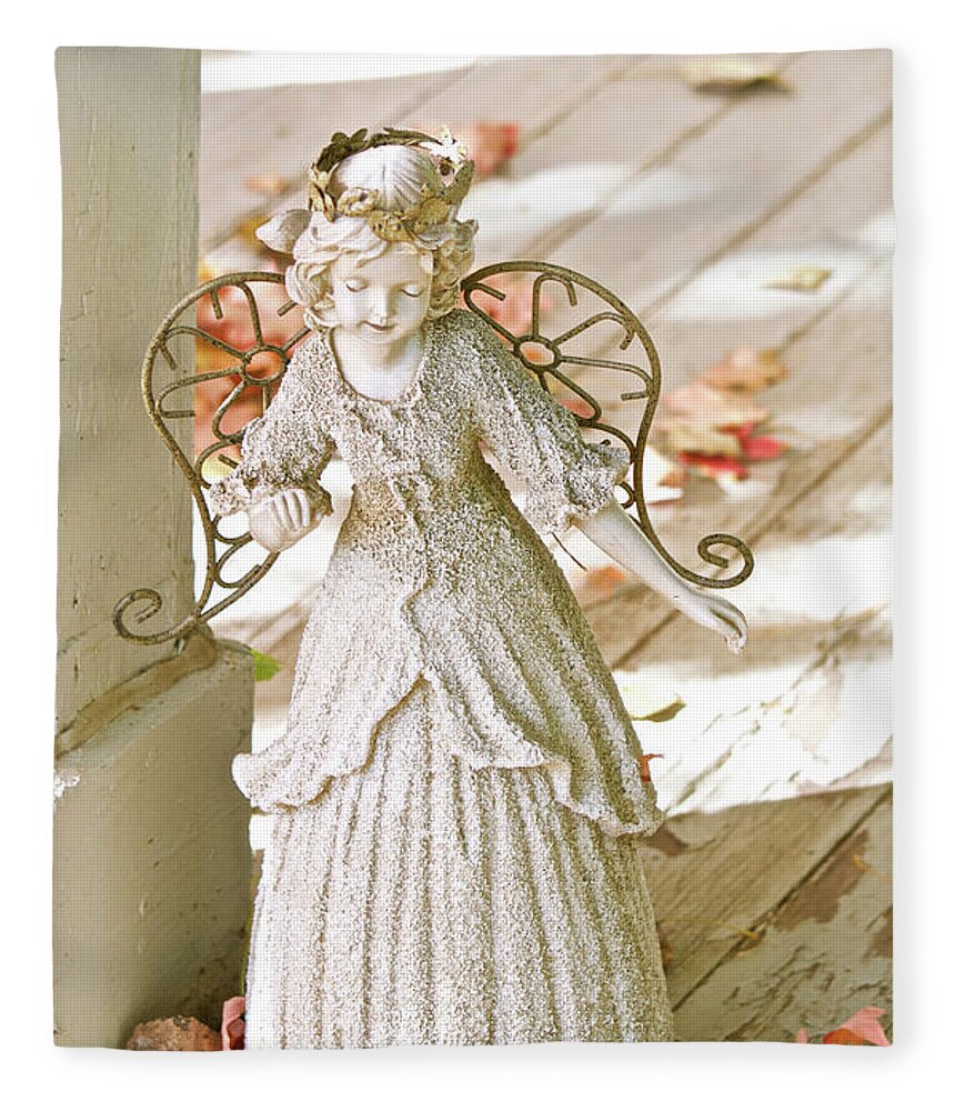Angel On Porch Fleece Blanket featuring the photograph Porch Angel in the Fall by Cindy Schneider