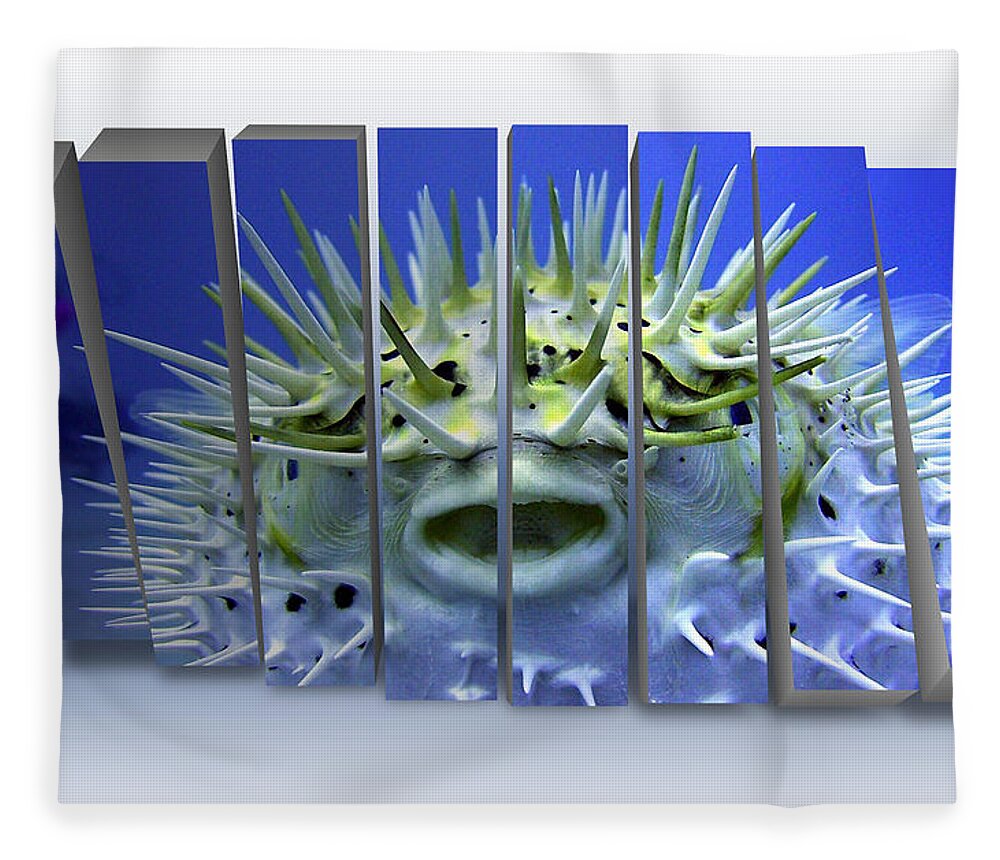Porcupine Pufferfish Fleece Blanket featuring the mixed media Porcupine Puffer by Marvin Blaine