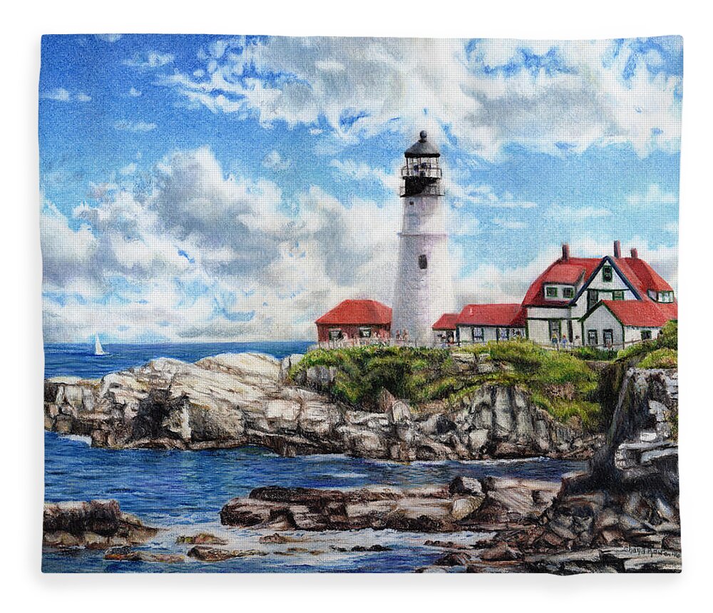 Lighthouse Fleece Blanket featuring the drawing Portland Head Light by Shana Rowe Jackson