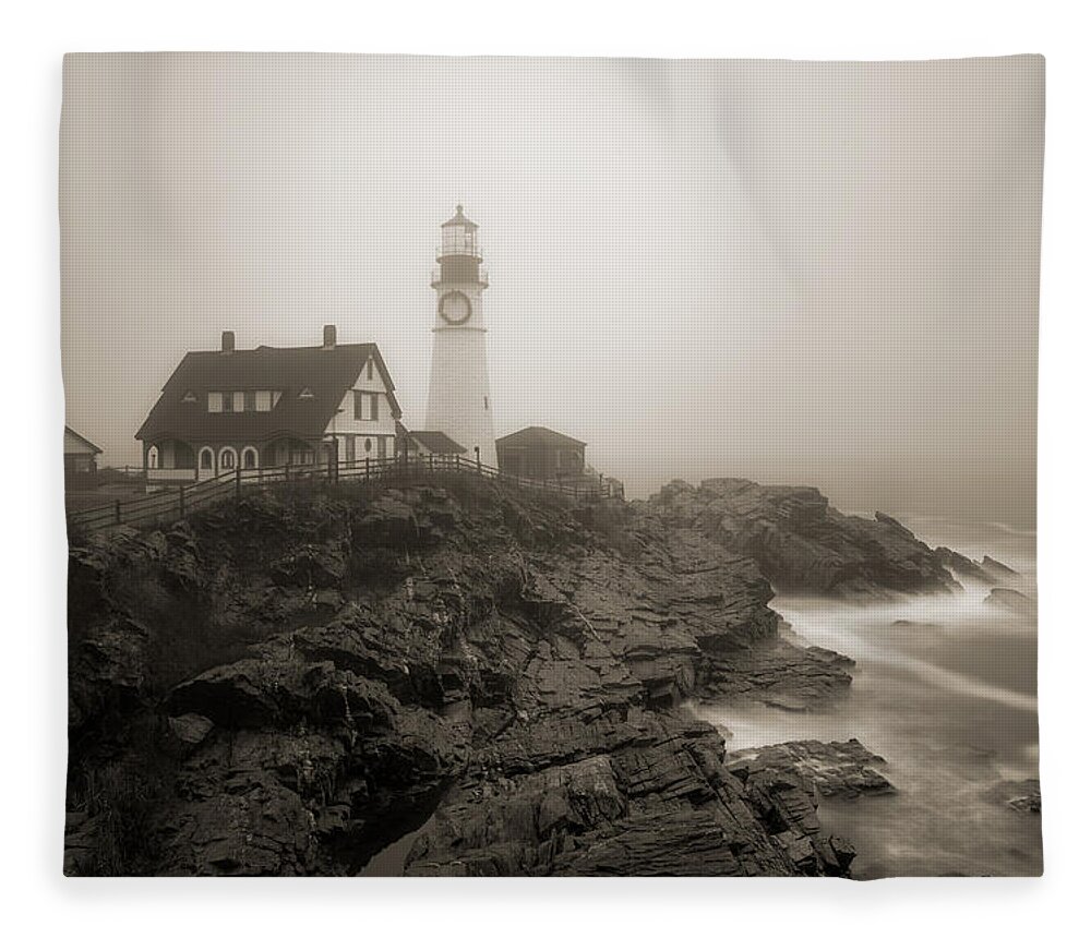 Lighthouse Fleece Blanket featuring the photograph Portland Head Lighthouse in fog sepia by David Smith