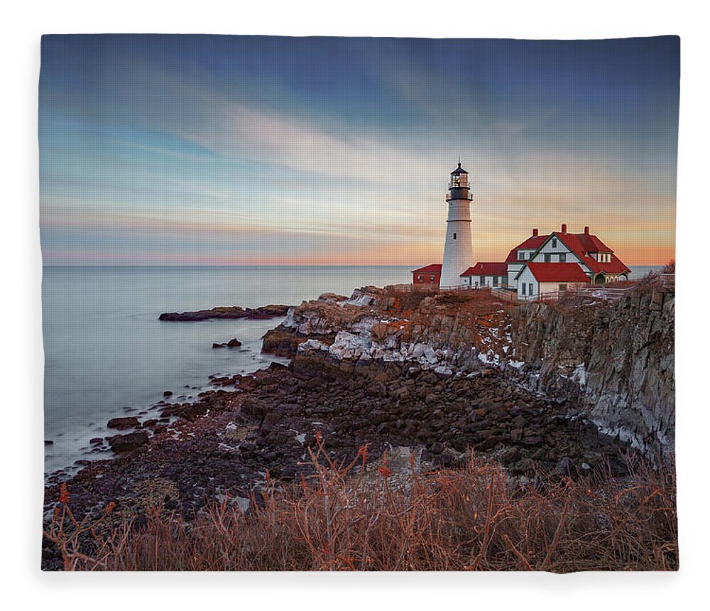 Portland Maine Lighthouse Cape Ocean Atlantic Casco Bay Fleece Blanket featuring the photograph Portland Headlight by David Hufstader