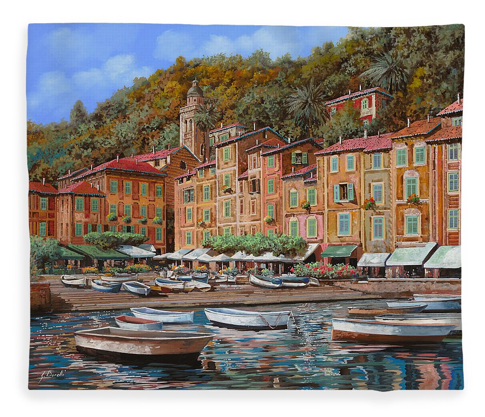 Portofino Fleece Blanket featuring the painting Portofino-La Piazzetta e le barche by Guido Borelli