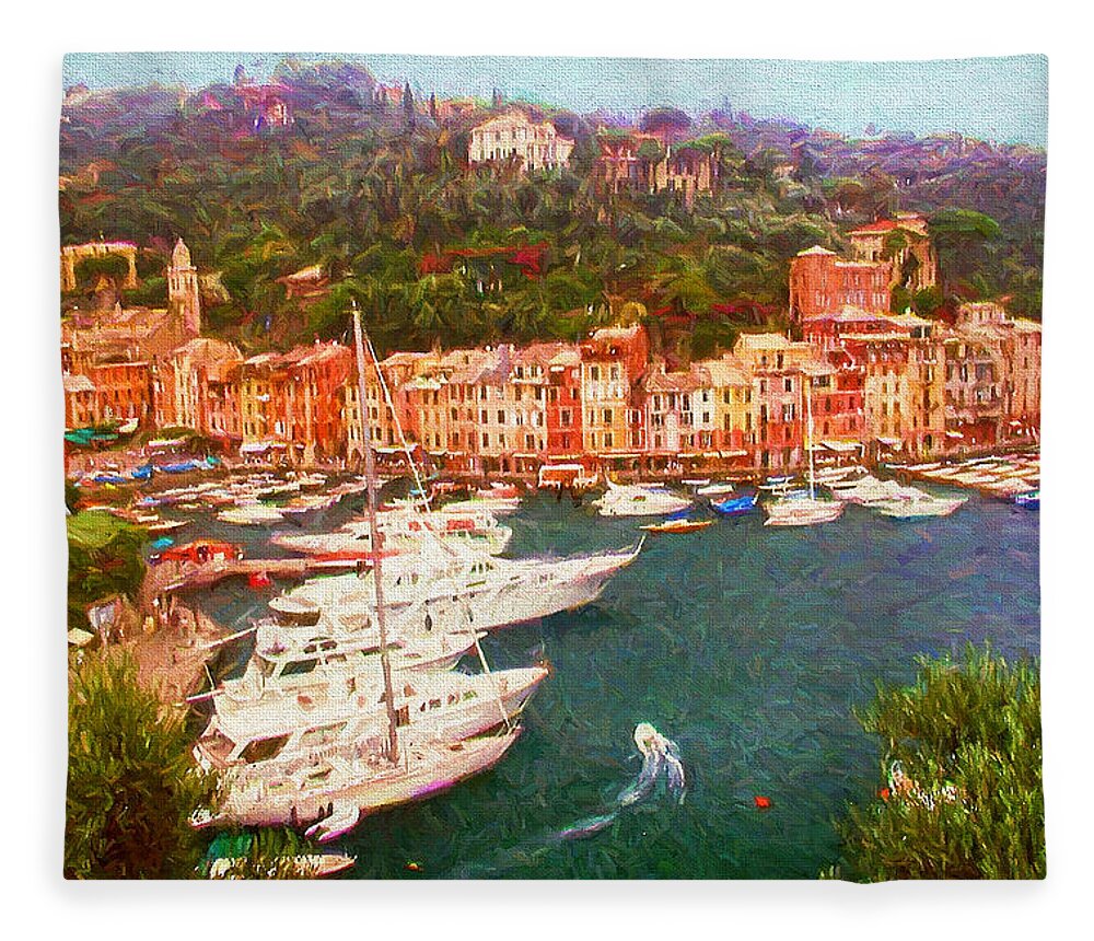 Painting Fleece Blanket featuring the painting Portofino View from Above by Mitchell R Grosky