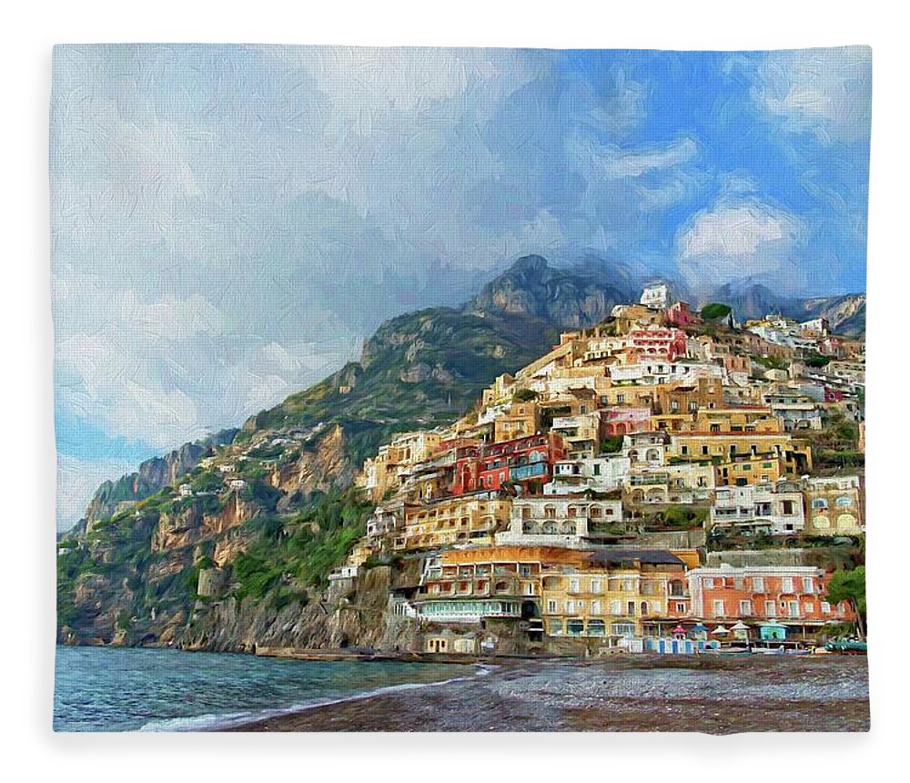 Greeting Card Fleece Blanket featuring the photograph Positano Beach View Painting by Allan Van Gasbeck