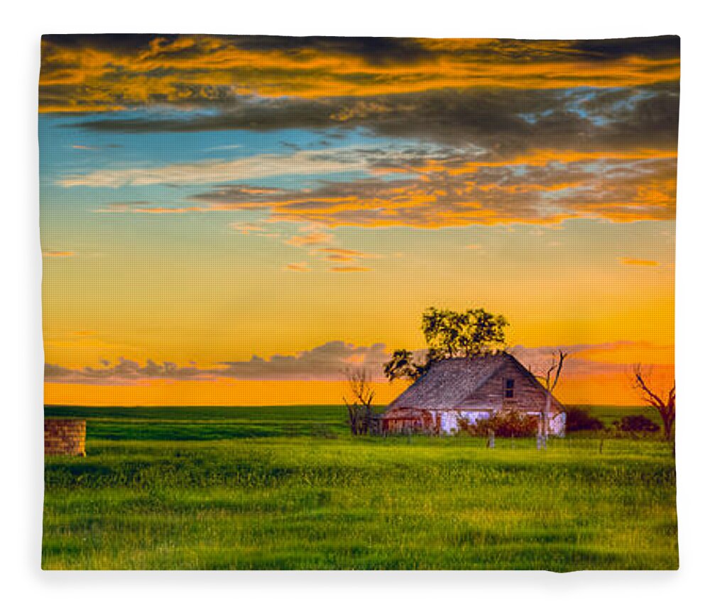Natural Forms Fleece Blanket featuring the photograph Prairie Farm Sunset by Rikk Flohr