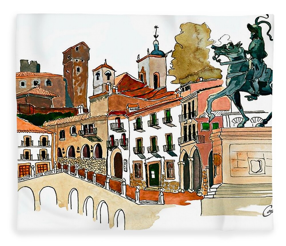 Spain Historic Architecture 16hc Pizarro Plein-air Impressionism  Fleece Blanket featuring the painting Praise to the Plaza - Trujillo, Spain by Joan Cordell