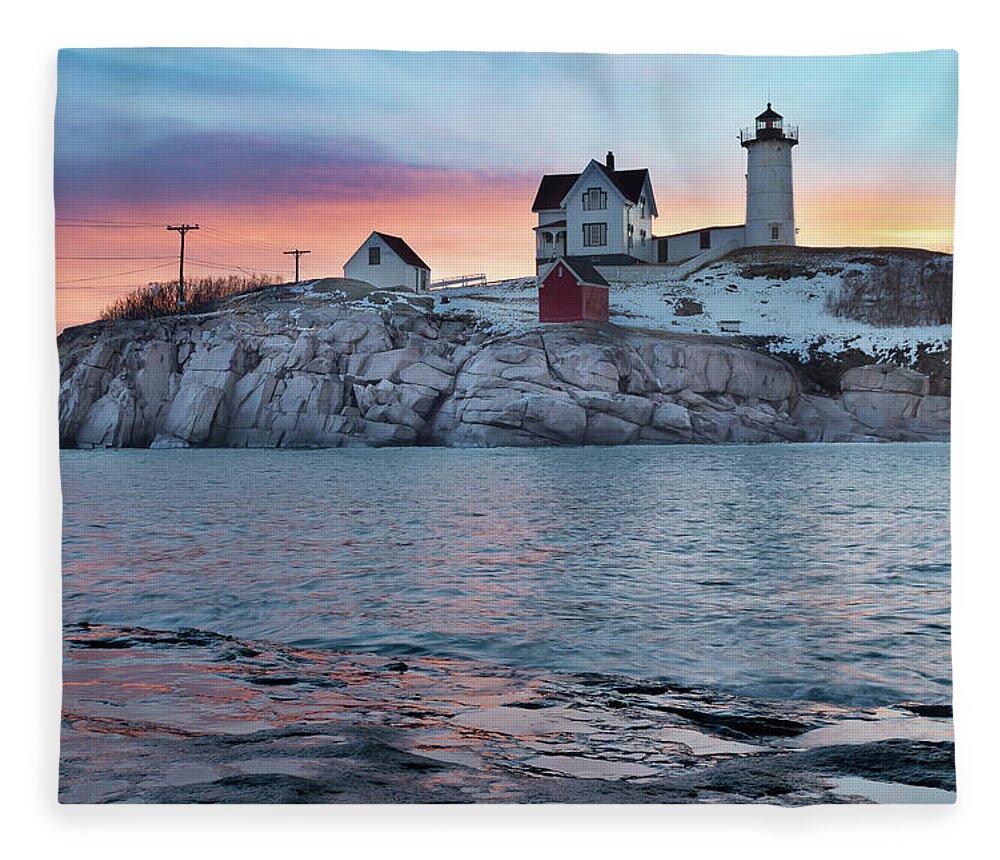 Lighthouse Fleece Blanket featuring the photograph Pre-Dawn Colors at Cape Neddick Lighthouse by Kristen Wilkinson