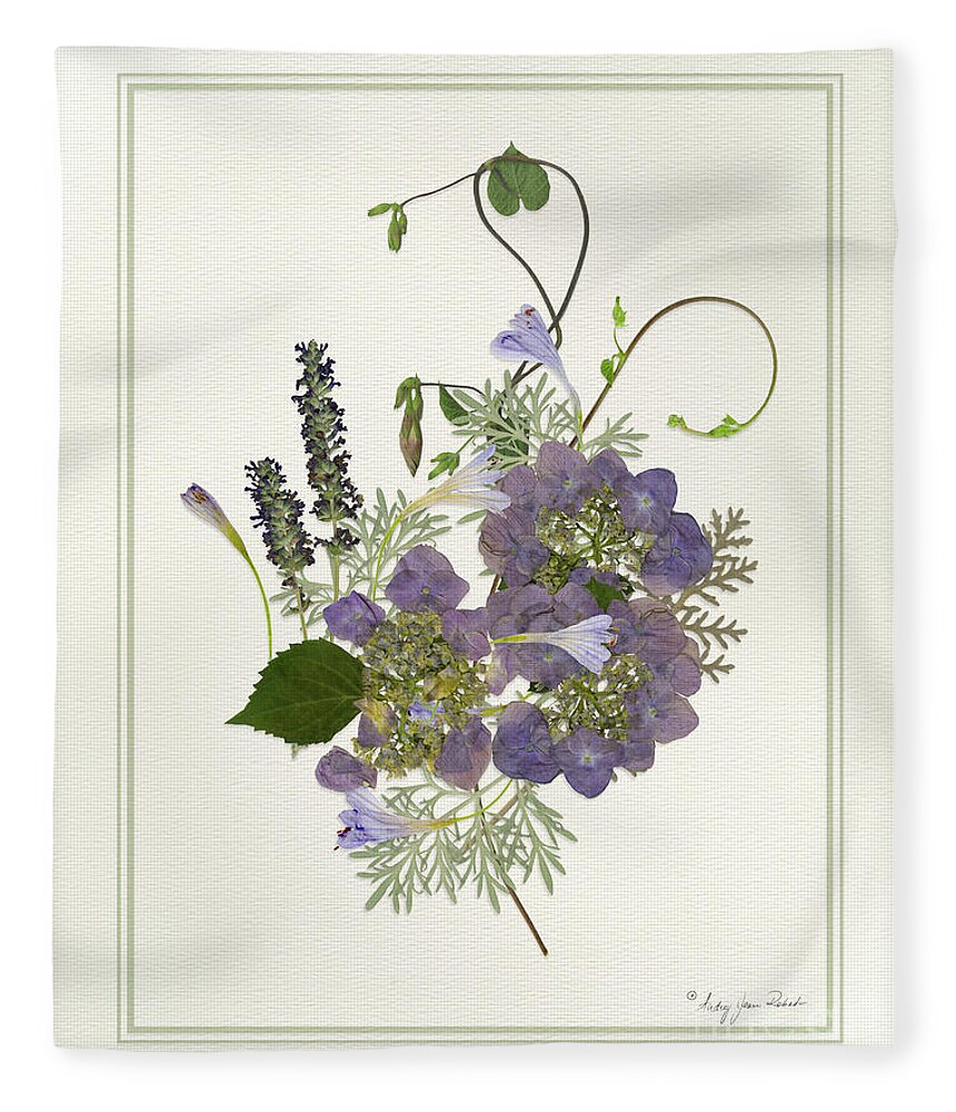 Morning Glory Fleece Blanket featuring the painting Pressed Dried Flower Painting - Blue Hydrangeas Morning Glory Lavender Ferns by Audrey Jeanne Roberts