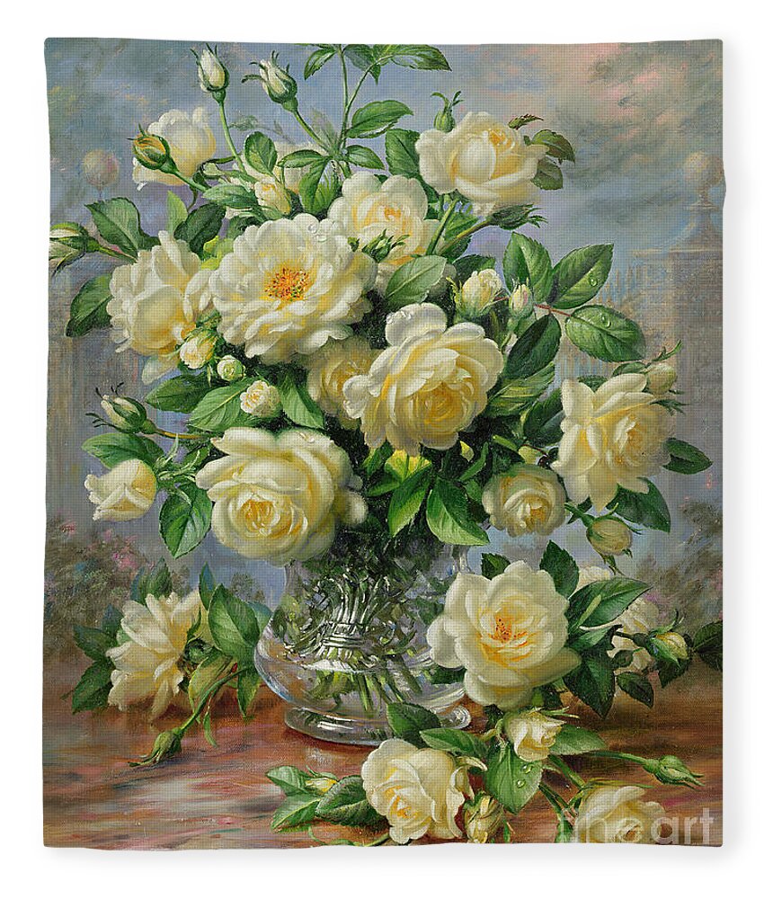 In Honour Of Lady Diana Spencer (1961-97); Still Life; Flower; Rose; Arrangement; Princess Of Wales (1981-96); Homage; Yellow; Flowers; Leafs Fleece Blanket featuring the painting Princess Diana Roses in a Cut Glass Vase by Albert Williams