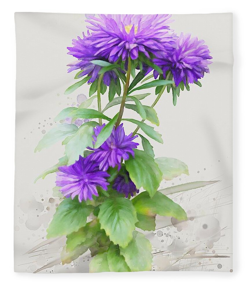 Floral Fleece Blanket featuring the painting Purple Aster by Ivana Westin